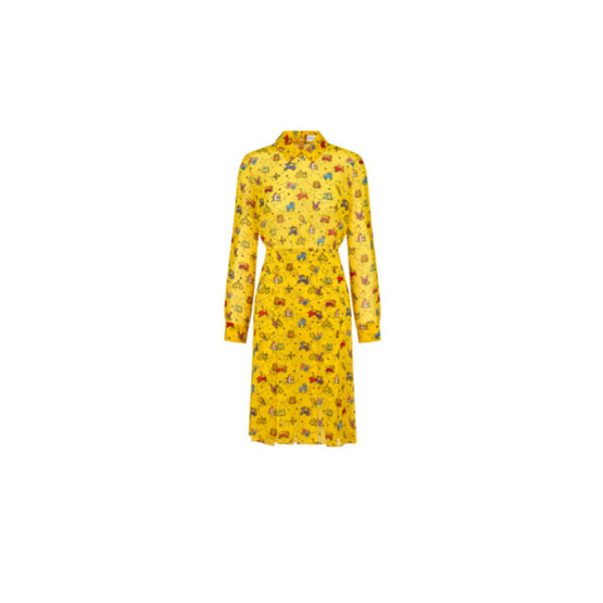 Women Mid-Length Shirt Dress - Fantaisie Jaune/Orange