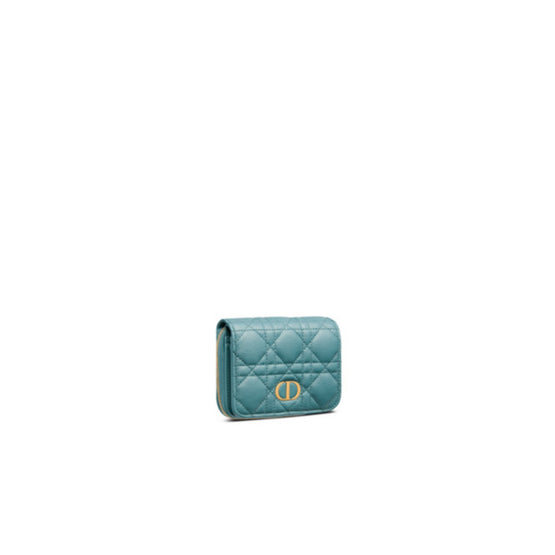 Women Dior Caro Compact Zipped Wallet - Cerulean Blue