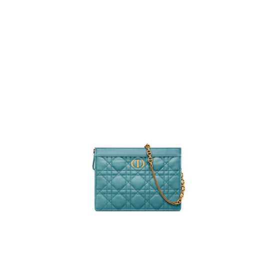 Women Dior Caro Zipped Pouch with Chain - Cerulean Blue