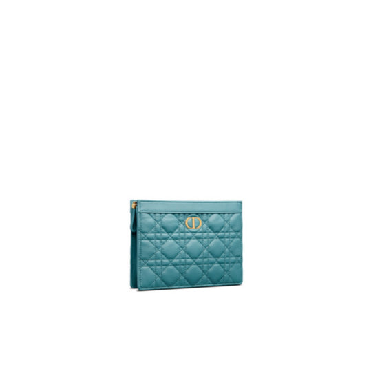 Women Dior Caro Zipped Pouch with Chain - Cerulean Blue