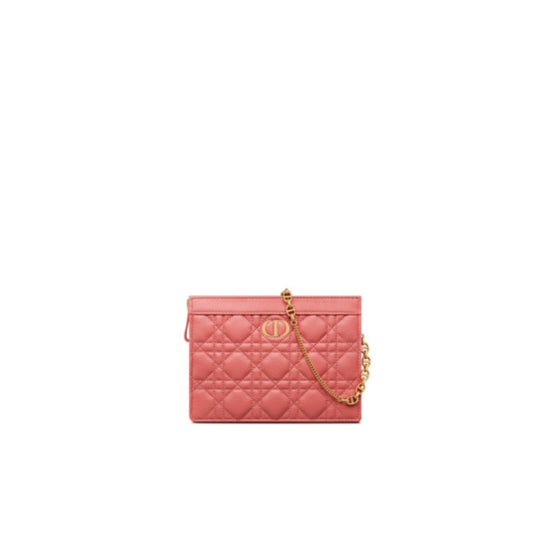 Women Dior Caro Zipped Pouch with Chain - Coral Powder