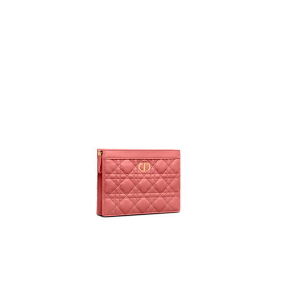 Women Dior Caro Zipped Pouch with Chain - Coral Powder